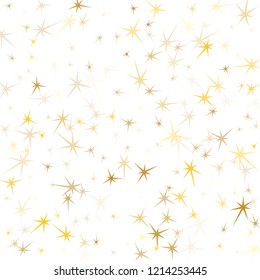 Gold stars scatter on white. Geometric metallic stardust vector background. VIP star sparkles success symbols. Christmas decoration graphic design.