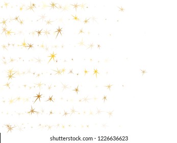 Gold stars scatter on white. Geometric metallic tinsels vector background. Abstract star sparkles birthday print. Fireworks flying elements decoration graphic design.