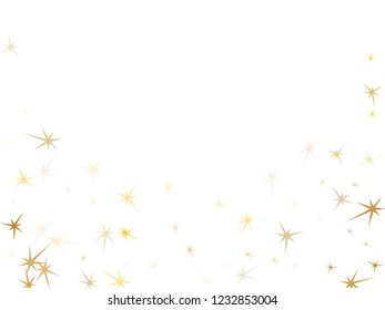 Gold stars scatter on white. Geometric metallic tinsels vector background. Shiny star sparkles holiday pattern. Galaxy objects decoration graphic design.
