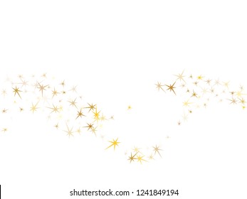 Gold stars scatter on white. Geometric metallic stardust vector background. Magic star sparkles party poster backdrop. Galaxy objects decoration graphic design.