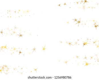 Gold stars scatter on white. Geometric metallic starry vector background. Yellow star sparkles holiday pattern. Xmas card decoration graphic design.