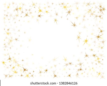 Gold stars scatter on white. Geometric metallic tinsels vector background. Elegant star sparkles celebration pattern. Space objects decoration graphic design.