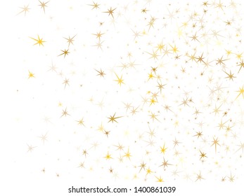 Gold stars scatter on white. Geometric metallic stardust vector background. Modern star dust sparkles success symbols. Sky objects decoration graphic design.