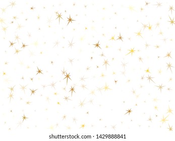 Gold stars scatter on white. Geometric metallic tinsels vector background. Bright star sparkles ornament. Fireworks flying elements decoration graphic design.