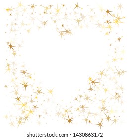 Gold stars scatter on white. Geometric metallic twinkle vector background. Simple star dust sparkles success symbols. Christmas decoration graphic design.
