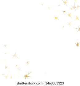 Gold stars scatter on white. Geometric metallic starry vector background. VIP star sparkles winner symbols. Space objects decoration graphic design.