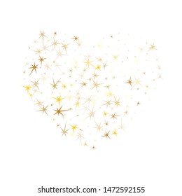 Gold stars scatter on white. Geometric metallic starburst vector background. Shiny star sparkles birthday print. Galaxy objects decoration graphic design.
