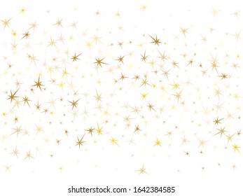 Gold stars scatter on white. Geometric metallic starburst vector background. Glossy star sparkles banner backdrop. Sky objects decoration graphic design.