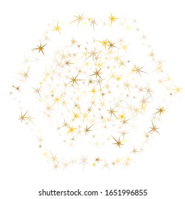 Gold stars scatter on white. Geometric metallic stardust vector background. Cool star sparkles success symbols. New Year celebrate decoration graphic design.