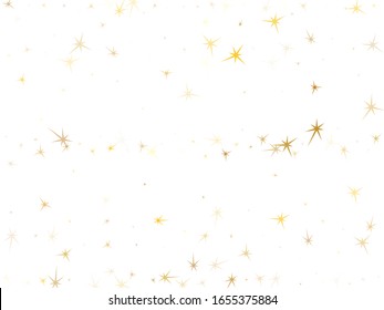 Gold stars scatter on white. Geometric metallic tinsels vector background. Shiny star sparkles birthday print. Xmas card decoration graphic design.