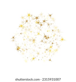 Gold stars scatter on white. Geometric metallic starburst vector background. Modern star dust sparkles success symbols. Christmas decoration graphic design.