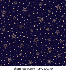 Gold Stars nahtloses Muster. Dunkelblauer Hintergrund. Vektorillustration