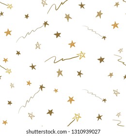 Gold stars seamless pattern. Hand drawn golden art on white background. Doodling scribble ornament background.