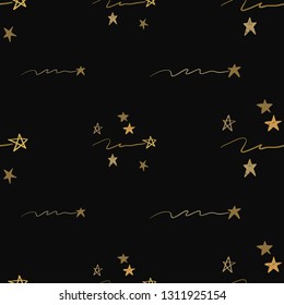 Gold stars seamless pattern. Hand drawn golden art on black background. Doodling scribble ornament background.