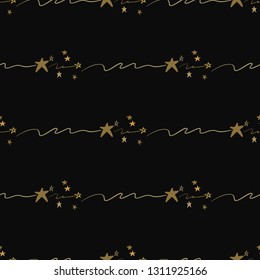Gold stars seamless pattern. Hand drawn golden art on black background. Doodling scribble ornament background.