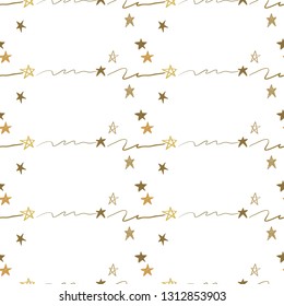 Gold stars seamless pattern. Hand drawn golden art on white background. Doodling scribble ornament background.