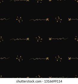 Gold stars seamless pattern. Hand drawn golden art on black background. Doodling scribble ornament background.
