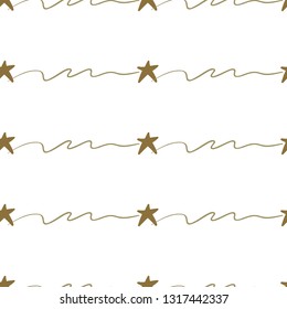 Gold stars seamless pattern. Hand drawn golden art on white background. Doodling scribble ornament background.