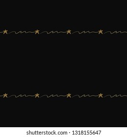 Gold stars seamless pattern. Hand drawn golden art on black background. Doodling scribble ornament background.