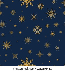 Estrellas de oro y copos de nieve. Patrón sin foco con estrellas y copos de nieve sobre un fondo azul. Patrón de Navidad para regalos. Ilustración vectorial plana