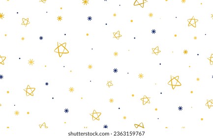 Gold stars with snowflakes seamless pattern on white background. Vector Repeating Texture.
