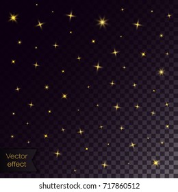 Gold stars and sparkles. Collection of golden stars on transparent background. Space background. Effect for party or festival with sparkling.