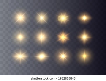 Gold stars and sparks isolated. Vector flares and sunbursts. Glowing light effects collection. Vector illustration