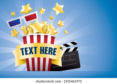 gold stars splash from popcorn box with golden ribbon for putting your text and there are a 3d glasses and a clapperboard on blue background.