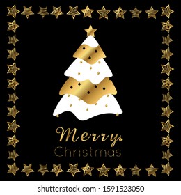 Gold Stars and Tree vecton element. Christmas tree snow greeting card, gift, holiday, vector winter background. 