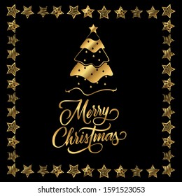 Gold Stars and Tree vecton element. Christmas tree snow greeting card, gift, holiday, vector winter background. 