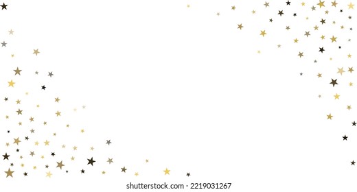 El oro es el fondo vectorial de las estrellas, el confeti de Navidad brillante cae aislado en blanco. estrellas voladoras mágicas brillan fondo, borde brillante