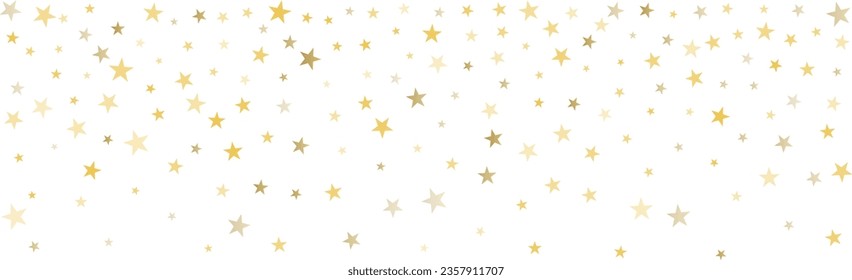 Goldene Sterne, Vektorhintergrund, funkelnde Weihnachtskonfetti, die einzeln auf Weiß fallen. Zauberhaft leuchtende, fliegende goldene Sterne glitzern Hintergrund, glänzende Grenze