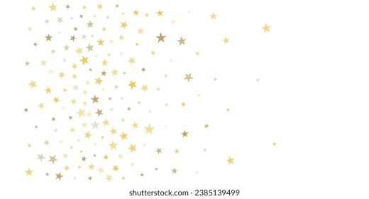 Goldene Sterne, Vektorhintergrund, funkelnde Weihnachtskonfetti, die einzeln auf Weiß fallen. Zauberhaft leuchtende, fliegende goldene Sterne glitzern Hintergrund, glänzende Grenze