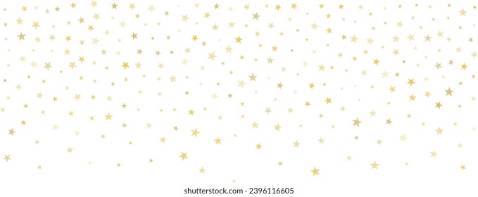 Gold stars vector background, sparkling Christmas confetti falling isolated on white. Magic shining flying golden stars glitter backdrop, sparkle border