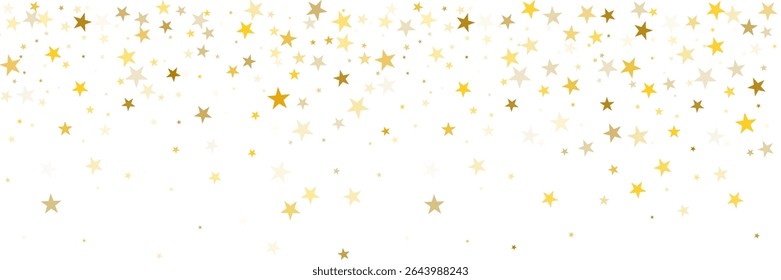 Gold stars vector background, sparkling Christmas confetti falling isolated on white. magic shining flying stars glitter backdrop, sparkle border