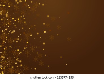 Fondo marrón vector de estrellas de oro. Postal de nieve de Navidad dorada. Fondo de puntos de caída. Tarjeta de tormenta de nieve deslumbrante.