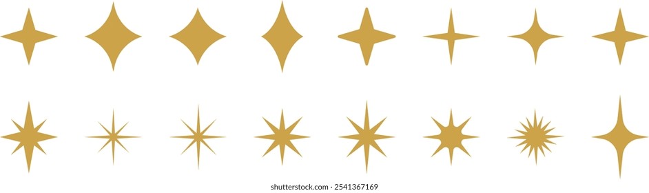 Gold stars vector clip art illustration, sparkling burst shapes, geometric decorative shape set, isolated