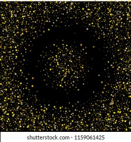 Gold Stars Vector Confetti, Christmas Celebration Background. Bright Sparkles New Year Birthday Party Frame. Magic Ads Sale Banner Falling Down Gold Stars Pattern. Sparkling Glitter, Winter Holiday