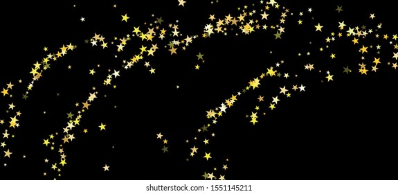 Gold Stars Vector Confetti Isolated. Elegant New Year, Christmas Birthday Party Texture. Festive Pattern. Winter Holidays Sparkling Garland. Golden Stars Falling Down. Fairy Celebration Shapes.