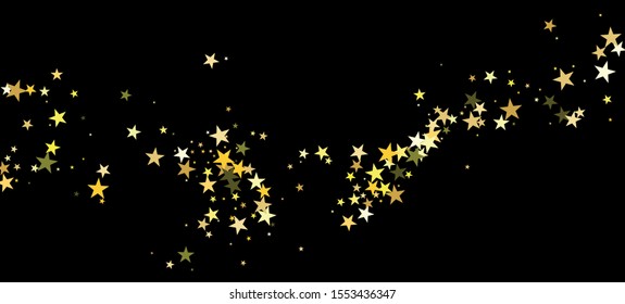 Gold Stars Vector Confetti Isolated. Winter Holidays Sparkling Garland. Festive Banner. Luxury New Year, Christmas Birthday Party Pattern. Golden Stars Falling Down. Magic Celebration Shapes.