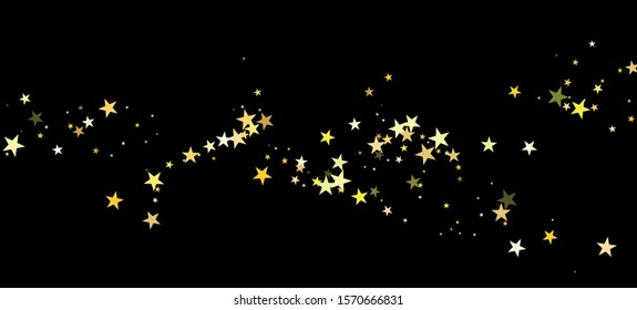 Gold Stars Vector Confetti Isolated. Festive Scatter. Winter Holidays Sparkling Garland. Glamour New Year, Christmas Birthday Party Garland. Golden Stars Falling Down. Bright Celebration Particles.