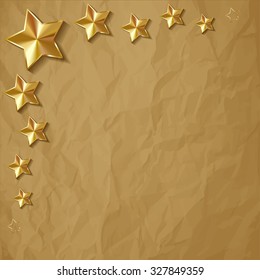 Gold stars vector in the corner on a crumpled paper brown background.