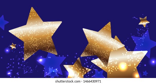 Gold stars vector elegant christmas on dark blue banner design of sparkling lights garland
