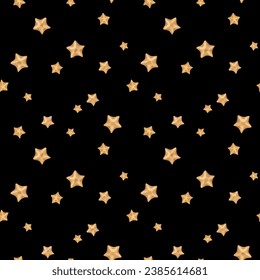 Gold Stars. Vector seamless Pattern. Hand drawn illustration of space on black isolated background. Watercolor drawing of night sky for wallpaper and fabric. Cosmos ornament for backdrop and textile