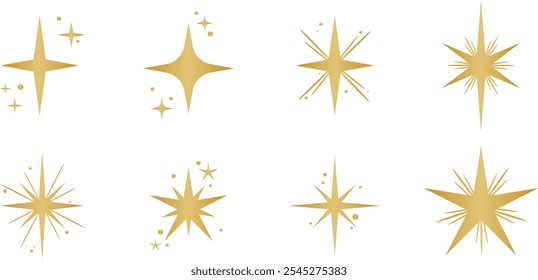 Goldsterne, Vektorstern-Illustration ClipArt-Set, leuchtender Farbverlauf, metallisches Funkelsymbol, Feier ClipArt-Form-Set