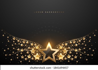 Gold stars wings on black background