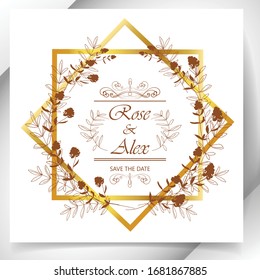 A gold star-shaped frame adorned with a brown outline of ornamental herbs with a vignette in the center. Registration of wedding invitations, congratulations, cards.