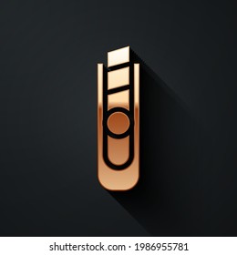 Gold Stationery knife icon isolated on black background. Office paper cutter. Long shadow style. Vector Illustration