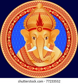 Gold statue of the Indian deity with a head of the elephant in a vector