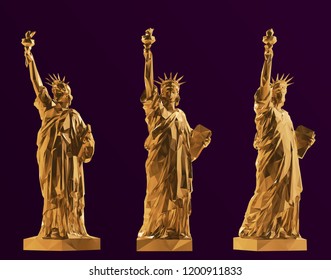 Gold Statue of Liberty Set, New York landmark, American symbol Vector 3D Rendering